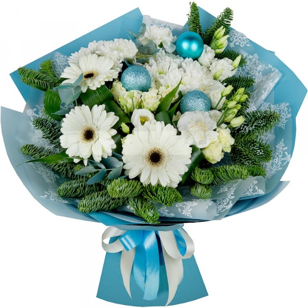Gerbera white - 3, Spray rose: white, cream, light pink 50 cm - 2, Baltica White Spray Chrysanthemum - 2, lisianthus - 2, Carnation white, cream - 2, Aspidistra (1 pc.), Spruce branches (1pc.), Christmas decor (set), Wrapping Paper