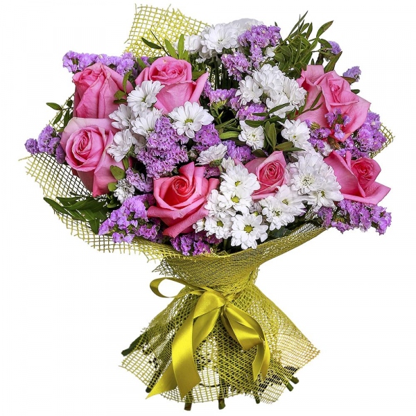 Pink rose 50 cm - 7, Santini White Spray Chrysanthemum - 5, Pistachio, Mesh (Abaka), Blue Statice, Ribbon