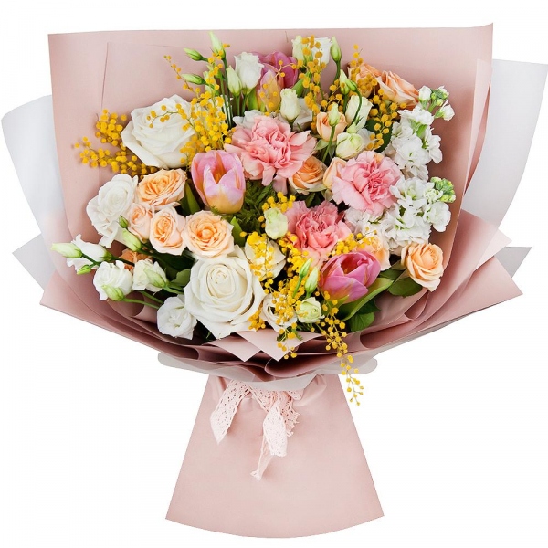 Spray rose: white, cream, light pink 50 cm - 3, White rose 50 cm - 4, Pink carnation - 4, lisianthus - 2, Pink tulip - 4, Mimosa - 2, White Matthiola - 3, Wrapping Paper