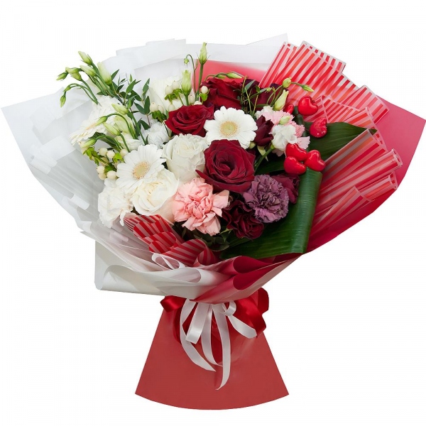 Gerbera white - 5, lisianthus - 3, Red rose 50 cm - 4, White rose 50 cm - 3, Lilac carnation - 1, Spray rose: red 50 cm - 4, Pink carnation - 3, Carnation white, cream - 3, Hypericum, Eucalyptus parvifolia (1 pc.), Aspidistra (1 pc.), Decorative element small, Wrapping Paper