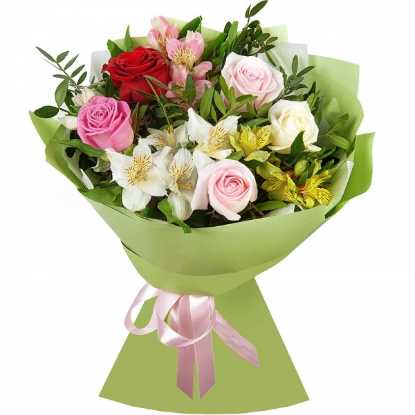 Red rose 50 cm - 2, Alstromeria Yellow, Orange - 2, Alstromeria white, soft pink - 2, Pink rose 50 cm - 3, White rose 50 cm - 2, Pistachio, Wrapping Paper