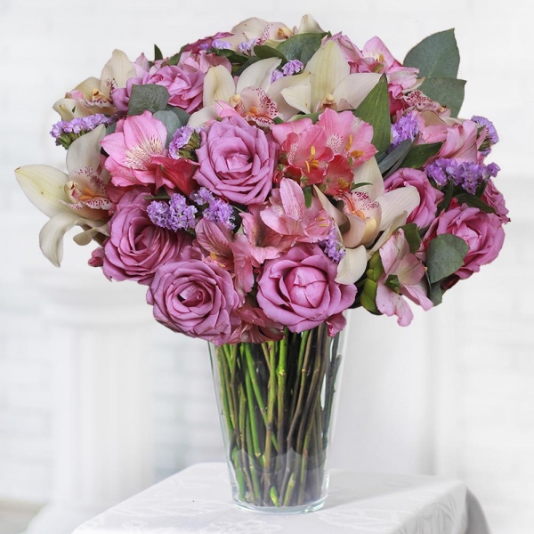 Rose Purple 50 cm Ecuador (Deep Water, Deep Purple, Moody Blue) - 13, White Cymbidium Orchid Bud - 9, Alstromeria white, soft pink - 9, Blue Statice, Flask for orchids, Eucalyptus populus (1 pc.), Wrapping Paper