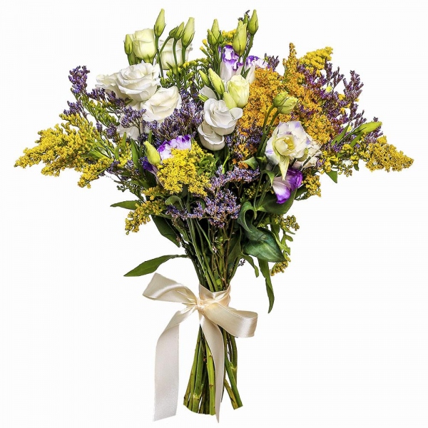 lisianthus - 9, Solidago (1 pc.), Limonium (1 pc.), Ribbon