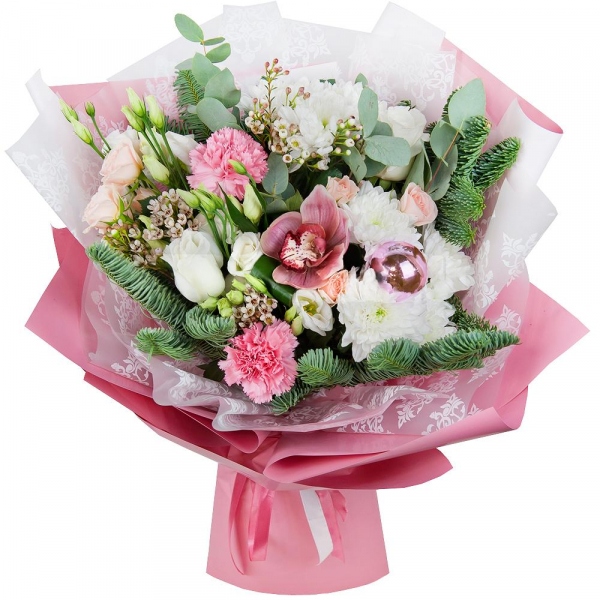 Baltica White Spray Chrysanthemum - 4, White rose 50 см. - 4, Bright pink spray rose mix, 50 cm - 3, Pink carnation - 3, Pink Cymbidium Orchid Bud - 2, lisianthus - 3, Spruce branches (1pc.), Flask for orchids, Aspidistra (1 pc.), Eucalyptus Cinerea, Christmas decor (set), Wrapping Paper, Waxflower (1 pc.)