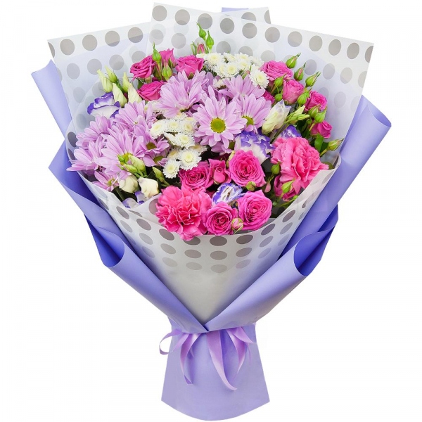 Bright pink spray rose mix, 50 cm - 4, Bacardi Pink Spray Chrysanthemum - 3, Pink carnation - 3, Purple Lisianthus (Eustoma) - 4, Athos poms Stallion - 3, Wrapping Paper, Ribbon