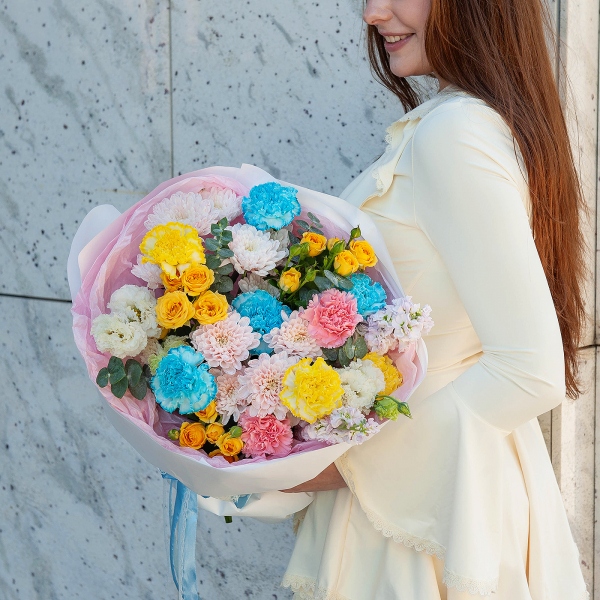 Baltica Pink Spray Chrysanthemum - 4, Blue carnation - 7, lisianthus - 2, Pink Matthiola - 2, Spray rose: yellow, orange 50 cm - 6, Yellow carnation - 7, Eucalyptus baby blue (1 pc.), Wrapping Paper