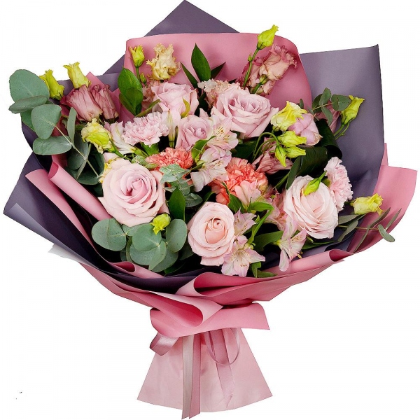 Orange carnation - 3, Pink rose 50 cm - 8, Alstromeria white, soft pink - 3, Pink Lisianthus (Eustoma) - 4, Pink carnation - 3, Ruscus, Aspidistra (1 pc.), Eucalyptus Cinerea, Wrapping Paper