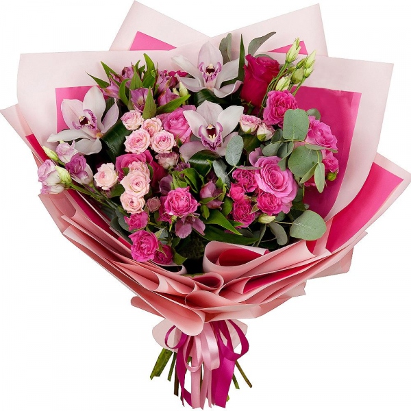 Pink rose 50 cm - 8, Pink Lisianthus (Eustoma) - 4, Alstromeria Red, Bright Pink - 3, Bright pink spray rose mix, 50 cm - 10, White Cymbidium Orchid Bud - 4, Eucalyptus Cinerea, Flask for orchids, Aspidistra (1 pc.), Wrapping Paper