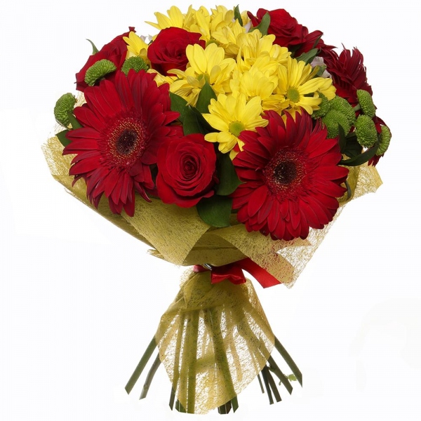 Red rose 50 cm - 5, Gerbera red - 5, Bacardi Yellow Spray Chrysanthemum - 2, Athos pom Feeling Green - 3, Felt, Ribbon, Ruscus