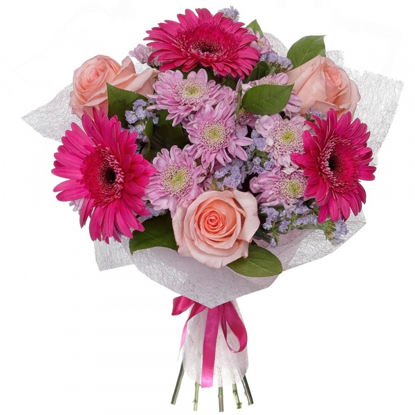 Pink rose 50 cm - 3, Gerbera pink - 3, Baltica White Spray Chrysanthemum - 3, Blue Statice, Felt, Ribbon, Salal