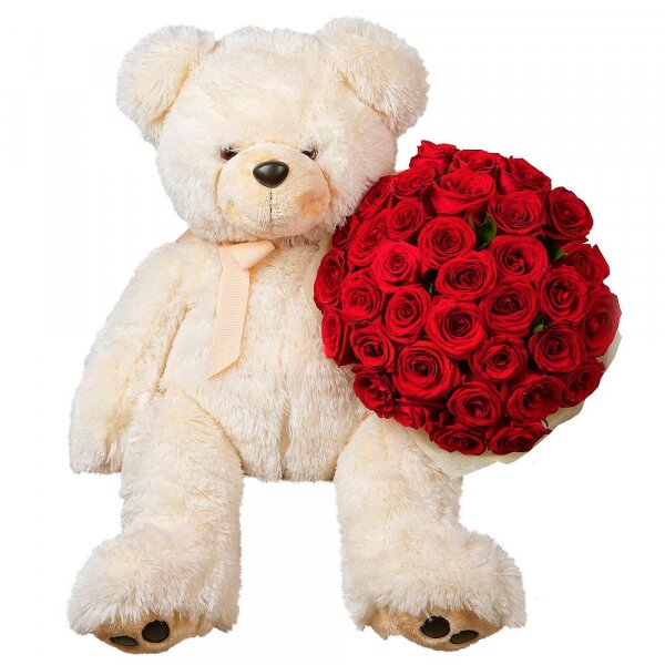 Red rose 50 cm - 35, Teddy bear 90 cm, Felt, Ribbon