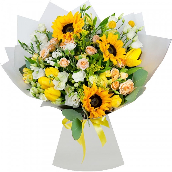 Sunflower - 4, Spray rose: white, cream, light pink 50 cm - 4, lisianthus - 4, Alstromeria Yellow, Orange - 4, Yellow tulip - 7, White spray carnation - 3, Solidago (1 pc.), Veronica spray, Craspedia, Pistachio, Eucalyptus populus (1 pc.),  Bouvardia, Wrapping Paper