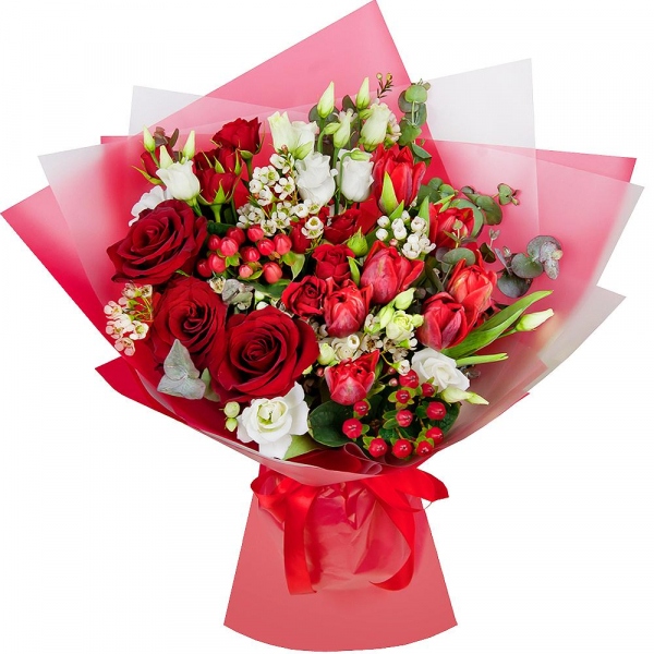 Red rose 50 cm - 4, lisianthus - 3, Spray rose: red 50 cm - 3, Red tulip - 9, Waxflower (1 pc.), Hypericum, Eucalyptus Cinerea, Wrapping Paper