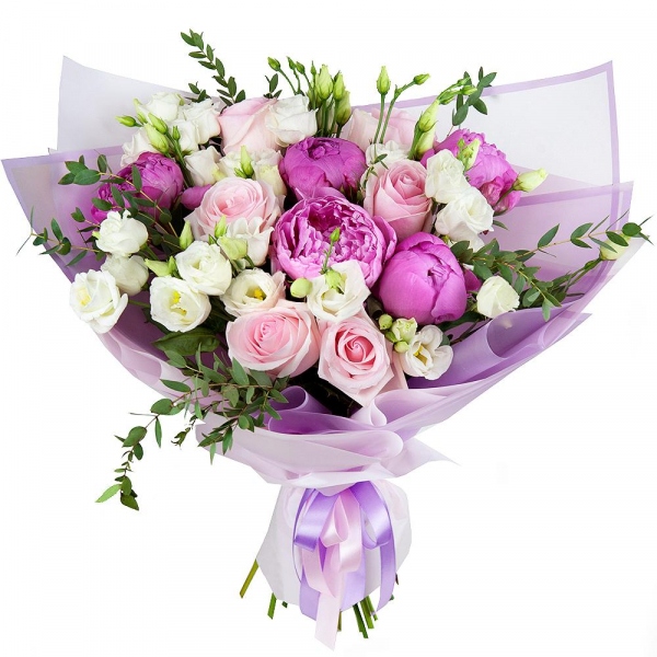 Peony pink - 9, Pink rose 50 cm - 7, lisianthus - 7, Eucalyptus parvifolia (1 pc.), Wrapping Paper