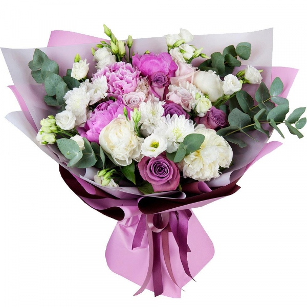 Peony pink - 5, Pink rose 50 cm - 10, Peony white - 4, lisianthus - 3, Baltica White Spray Chrysanthemum - 3, Eucalyptus Cinerea, Wrapping Paper, Eucalyptus Cinerea