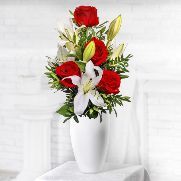 Red rose 50 cm - 4, Lilies - 2, Pistachio, Ribbon
