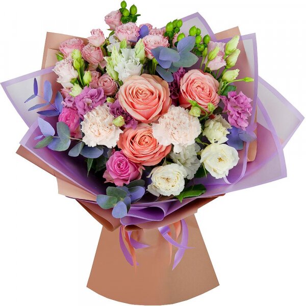 Peony rose Kahala 50 cm - 3, Pink rose 50 cm - 2, Pink Lisianthus (Eustoma) - 1, Bright pink spray rose mix, 50 cm - 2, Carnation white, cream - 2, White rose 50 cm - 2, lisianthus - 2, Hypericum, Eucalyptus Cinerea, Wrapping Paper