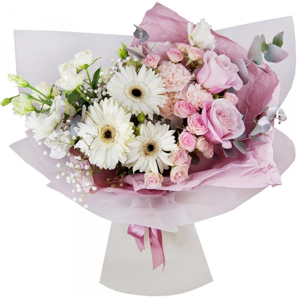 Rose Pink 50 cm Ecuador (Chelo, Hermosa, Novia, Titanik, Engagement, Pink Mondiale) - 5, Spray rose: white, cream, light pink 50 cm - 6, Carnation white, cream - 4, Gerbera white - 4, lisianthus - 3, Gypsophila - 1, Eucalyptus Cinerea, Wrapping Paper