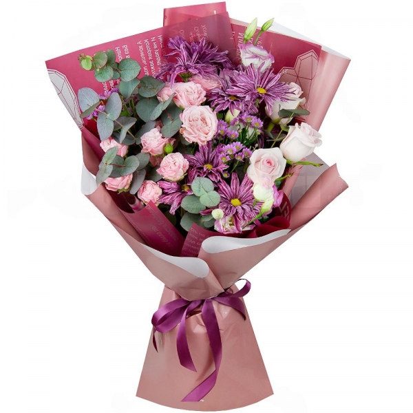 Bacardi Pink Spray Chrysanthemum - 3, Pink rose 50 cm - 5, Bright pink spray rose mix, 50 cm - 3, Daisy poms Santini pink, purple - 3, Pink Lisianthus (Eustoma) - 2, Eucalyptus Cinerea, Wrapping Paper