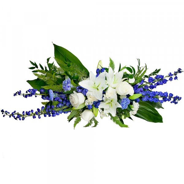 Blue carnation - 3, White rose 50 cm - 3, lisianthus - 3, Lilies - 1, Carnation white, cream - 4, Pot for compositions, Oasis, Blue Delphinium, Ambrella, Ruscus italian, Aspidistra (1 pc.), Skimmia