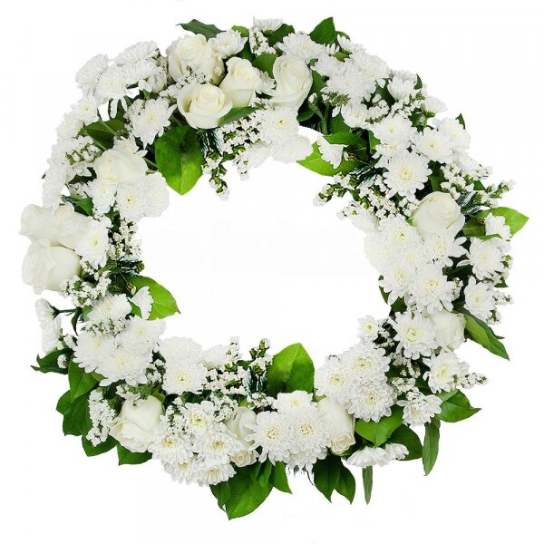 White rose 50 cm - 14, Baltica White Spray Chrysanthemum - 9, Funeral wreath frame, White statice, Salal