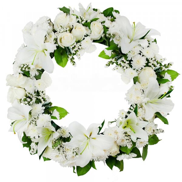 White rose 50 cm - 14, Baltica White Spray Chrysanthemum - 9, Lilies - 2, Funeral wreath frame, White statice, Salal