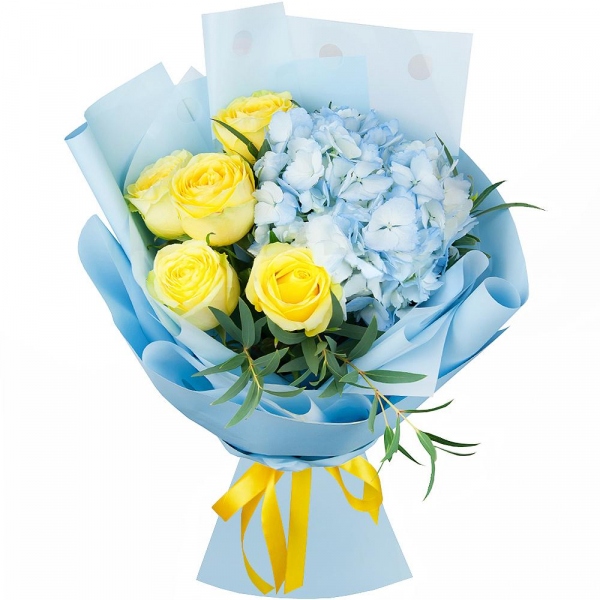 Blue/purple hydrangea - 1, Yellow rose 50 cm - 7, Eucalyptus, Wrapping Paper