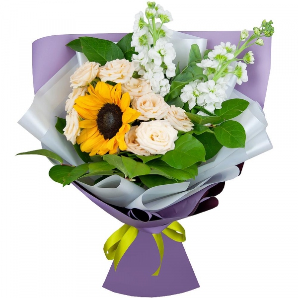 Sunflower - 2, White Matthiola - 3, Spray rose: white, cream, light pink 50 cm - 3, Salal, Eucalyptus Cinerea, Wrapping Paper