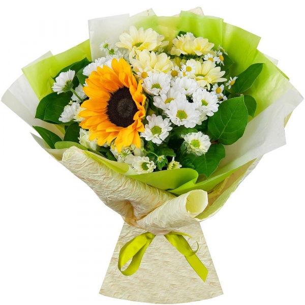 Sunflower - 2, Bacardi Yellow Spray Chrysanthemum - 2, Santini White Spray Chrysanthemum - 3, Chamomile - 2, Salal, Wrapping Paper, Ribbon