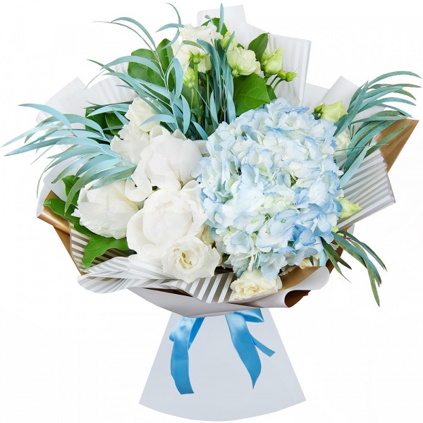 Blue/purple hydrangea - 1, Peony white - 5, lisianthus - 2, Eucalyptus, Salal, Wrapping Paper