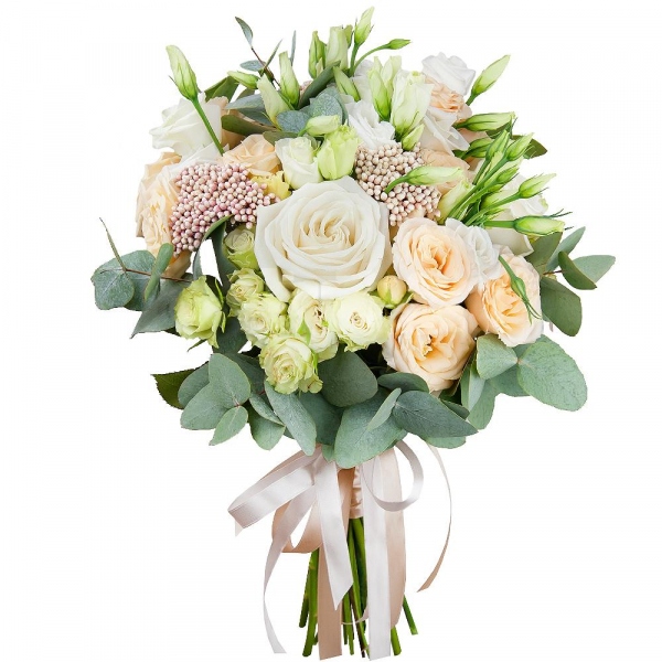 Spray rose: white, cream, light pink 50 cm - 9, White rose 50 cm - 5, lisianthus - 4, Ozotamnus, Eucalyptus Cinerea, Ribbon