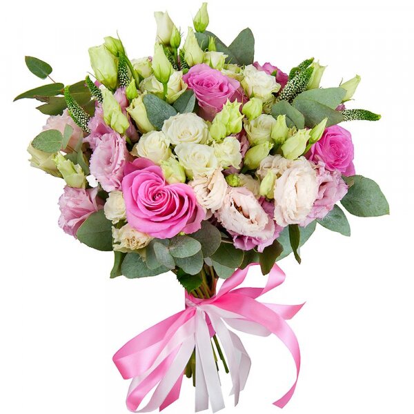 Pink rose 50 cm - 7, Pink Lisianthus (Eustoma) - 5, Spray rose: white, cream, light pink 50 cm - 5, Veronica spray, Ribbon, Eucalyptus