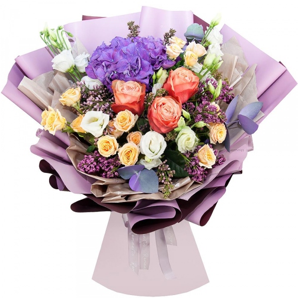 Blue/purple hydrangea - 1, Peony rose Kahala 50 cm - 5, Spray rose: white, cream, light pink 50 cm - 5, Lilac Bush - 4, lisianthus - 4, Eucalyptus Cinerea, Wrapping Paper