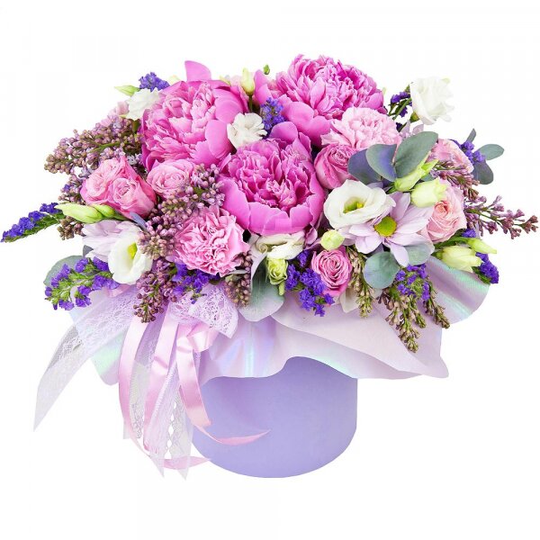 Peony pink - 4, Pink carnation - 4, Peony sprayrose - 4, lisianthus - 3, Lilac Bush - 3, Bacardi Pink Spray Chrysanthemum - 2, Round flower box small , Oasis, Wrapping Paper, Eucalyptus Cinerea, Blue Statice