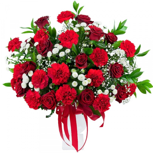 Carnation red - 20, Santini White Spray Chrysanthemum - 12, Gypsophila - 2, Red rose 50 cm - 17, Opaque vase, Oasis, Ruscus