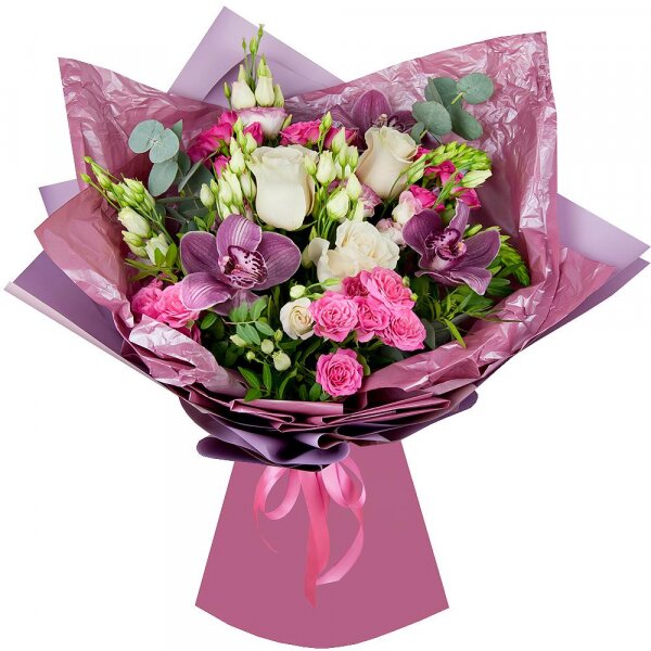 White rose 50 cm - 3, Pink Cymbidium Orchid Bud - 3, Bright pink spray rose mix, 50 cm - 3, Pink Lisianthus (Eustoma) - 3, Eucalyptus Cinerea, Pistachio, Flask for orchids, Wrapping Paper