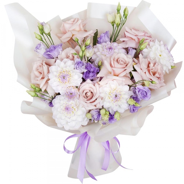 Rose Powder 50 cm Ecuador (Quicksand, Menta) - 9, White Dahlia - 6, Purple Lisianthus (Eustoma) - 4, Wrapping Paper
