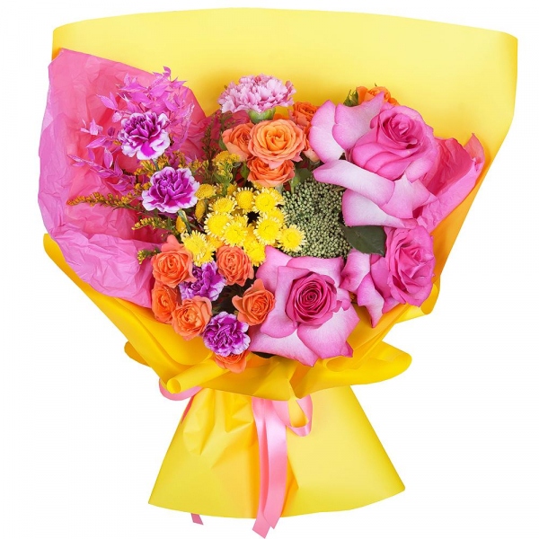 Athos poms Stallion - 2, Spray rose: yellow, orange 50 cm - 3, Pink carnation - 2, Pink spray carnation - 3, Rose Pink 50 cm Ecuador (Chelo, Hermosa, Novia, Titanik, Engagement, Pink Mondiale) - 3, Sedum, Dried flowers decor, Wrapping Paper