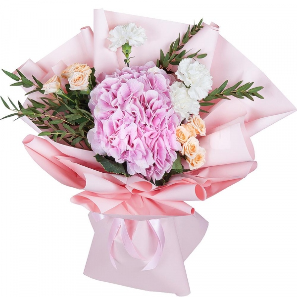 Pink Hydrangea - 1, Carnation white, cream - 5, Spray rose: white, cream, light pink 50 cm - 3, Eucalyptus parvifolia (1 pc.), Wrapping Paper