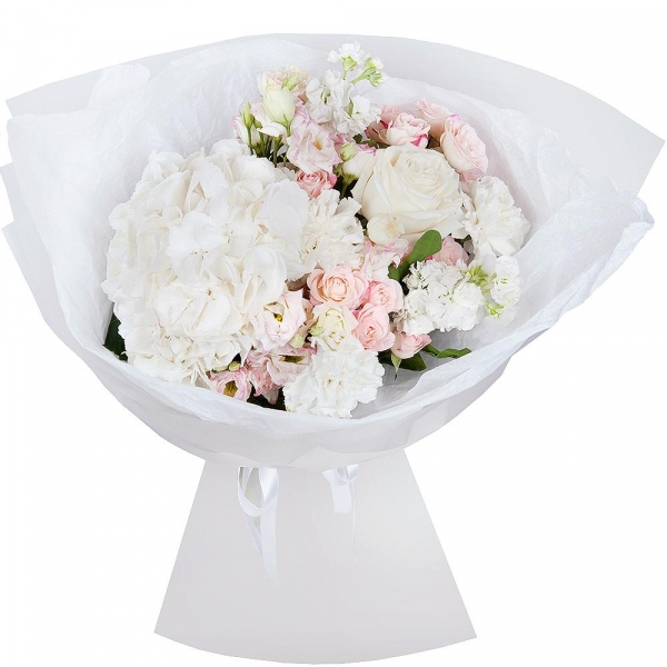  White Hydrangea - 1, Carnation white, cream - 3, Pink Lisianthus (Eustoma) - 3, White rose 50 cm - 3, White Matthiola - 3, Spray rose: white, cream, light pink 50 cm - 2, Wrapping Paper