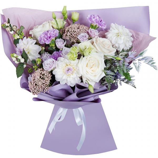 White rose 50 cm - 5, White Dahlia - 3, Lilac carnation - 5, Spray rose: white, cream, light pink 50 cm - 2, lisianthus - 2, Ozotamnus, Fern (1 pc.), Symphoricarpos, Wrapping Paper