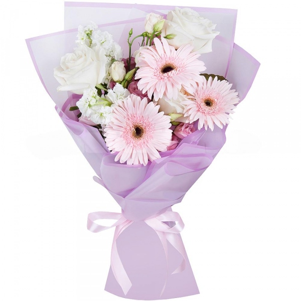 Gerbera pink - 3, White rose 50 cm - 4, White Matthiola - 3, lisianthus - 3, Wrapping Paper