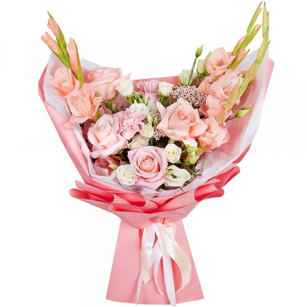 Pink Gladiolus - 4, Pink carnation - 6, Pink rose 50 cm - 7, lisianthus - 5, Spray rose: white, cream, light pink 50 cm - 4, Ozotamnus, Wrapping Paper