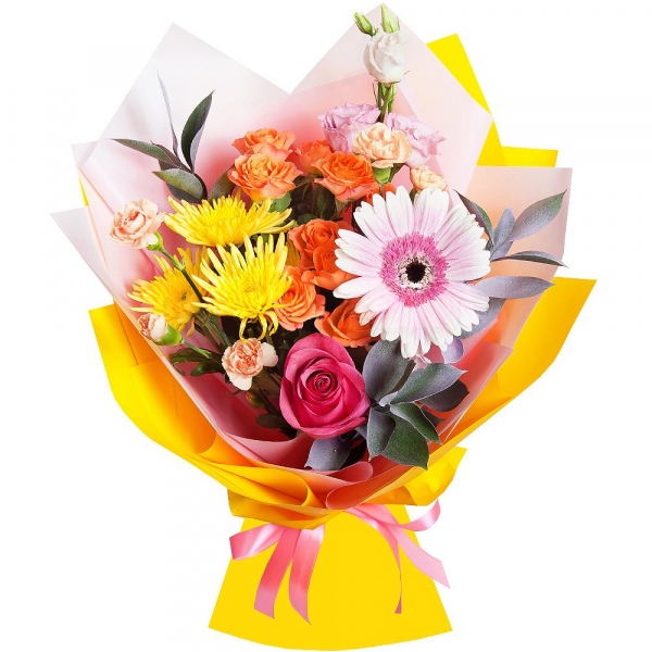 Spray rose: yellow, orange 50 cm - 3, Pink spray carnation - 3, Baltica Yellow Spray Chrysanthemum - 3, Pink Lisianthus (Eustoma) - 4, Gerbera pink - 2, Pink rose 50 cm - 3, Ruscus, Wrapping Paper