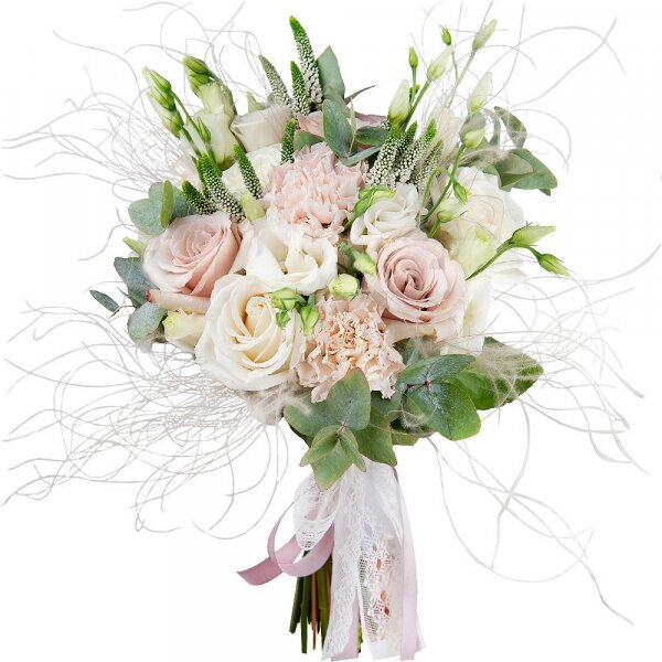 White spray carnation - 5, Cream Rose 50 cm Ecuador (Creme Caramel) - 6, White rose 50 cm - 6, lisianthus - 6, Veronica spray, Eucalyptus Cinerea, Dried flowers decor, Ribbon