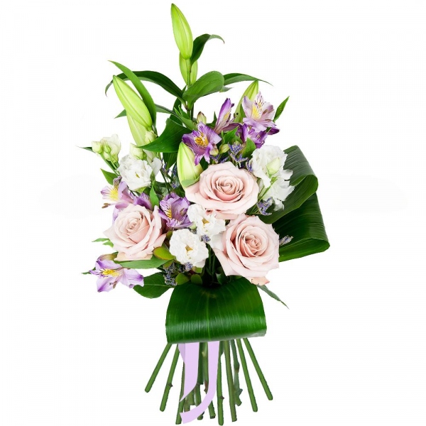 Lilies - 2, lisianthus - 4, Alstromeria lilac, purple - 3, Rose Powder 50 cm Ecuador (Quicksand, Menta) - 5, Limonium (1 pc.), Aspidistra (1 pc.), Ribbon