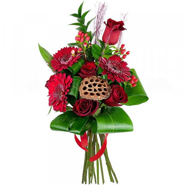 Red rose 50 cm - 9, Gerbera red - 6, Ruscus, Aspidistra (1 pc.), Hypericum, Dried flowers decor, Skimmia, Ribbon