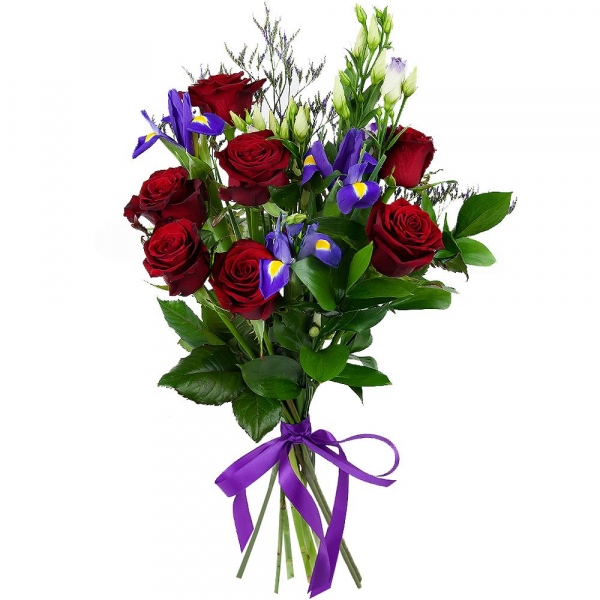 Purple Lisianthus (Eustoma) - 6, Red rose 50 cm - 15, Irises - 6, Limonium (1 pc.), Ruscus, Ribbon