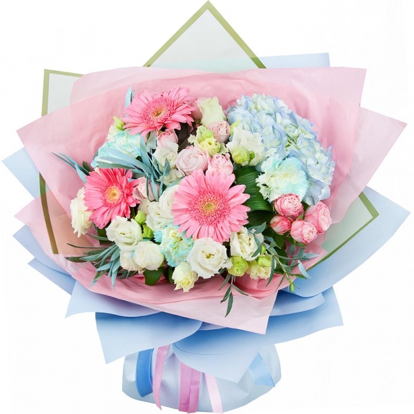 Blue/purple hydrangea - 1, Gerbera pink - 6, Blue carnation - 7, Spray rose: white, cream, light pink 50 cm - 5, lisianthus - 4, Aspidistra (1 pc.), Eucalyptus, Wrapping Paper