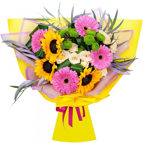 Sunflower - 5, Gerbera pink - 6, Athos pom Feeling Green - 5, Spray rose: white, cream, light pink 50 cm - 3, Aspidistra (1 pc.), Eucalyptus, Wrapping Paper